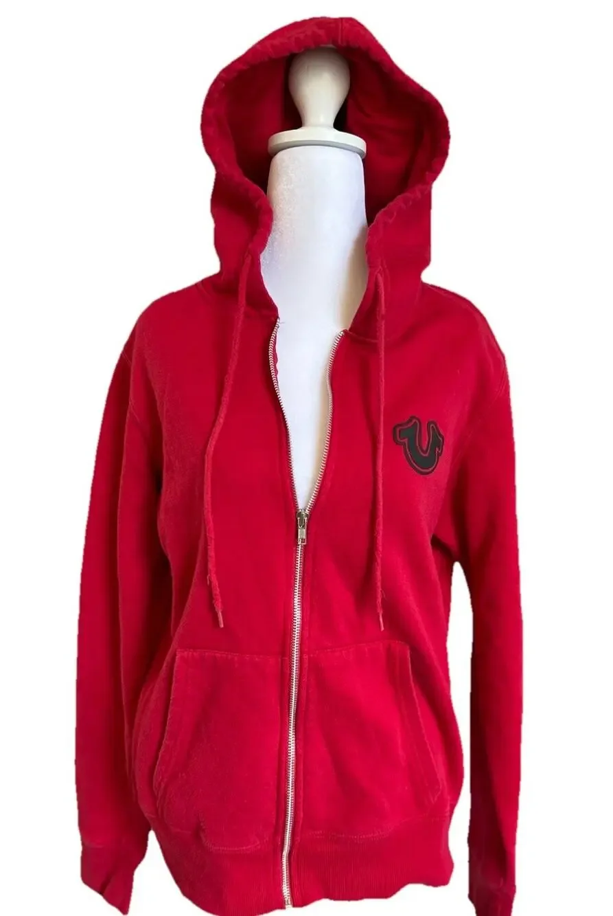 True Religion Zip Hoodie Buddha Logo Red Sweatshirt Retro Grunge Skater Core MED